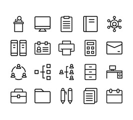20 set of outline web office icons such as computer, binder, organization, briefcase, stationery vector thin icons for report, presentation, diagram, web design, mobile app