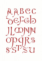 Hand-drawn alphabet created with ink and pen. Decorative red lettering in artistic calligraphic style on white background.