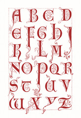 Hand-drawn alphabet created with ink and pen. Decorative red lettering in artistic calligraphic style on white background.