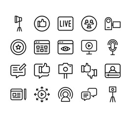 20 set of outline web influencer icons such as like, fame, feedback, blogger, influencer vector thin icons for report, presentation, diagram, web design, mobile app