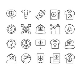 20 set of outline web activist icons such as microphone, target, female, baseball cap, banner vector thin icons for report, presentation, diagram, web design, mobile app