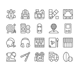Obraz premium 20 set of outline web hobbies icons such as backpack, archery, table tennis, sewing hine, film vector thin icons for report, presentation, diagram, web design, mobile app