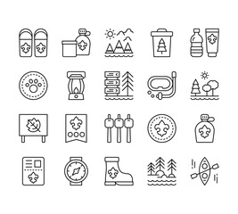 20 set of outline web scouts icons such as canteen, paw, forest, id card, boots vector thin icons for report, presentation, diagram, web design, mobile app