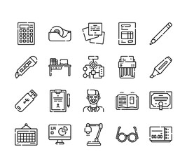 20 set of outline web office icons such as tape, cutter, pendrive, calendar, desk lamp vector thin icons for report, presentation, diagram, web design, mobile app