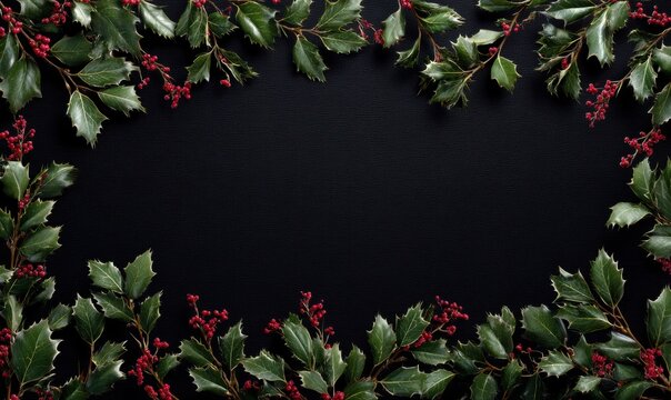 A black background with a frame of evergreen leaves and berries - Powered by Adobe