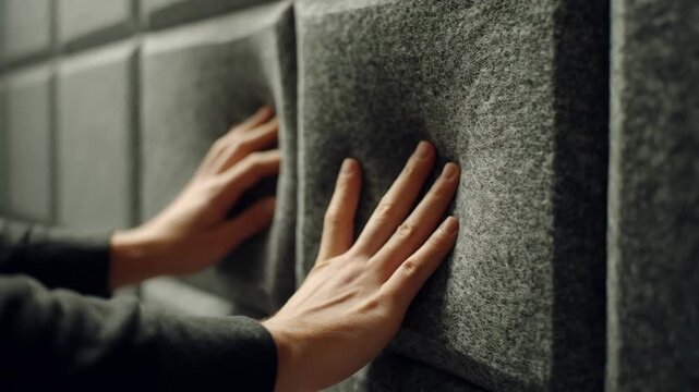 Medium shot of hands installing acoustic panels on a wall to enhance soundproofing in a modern recording studio environment.