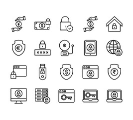 20 set of outline web security icons such as dollar, shield, website, computer, website vector thin icons for report, presentation, diagram, web design, mobile app