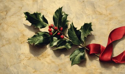 A red ribbon is tied to a branch of a holly bush
