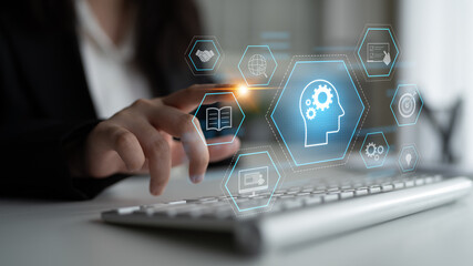 Head with gear and icons representing learning, digital training, and development process, showing skill growth for human or AI systems through knowledge or task optimization Latch