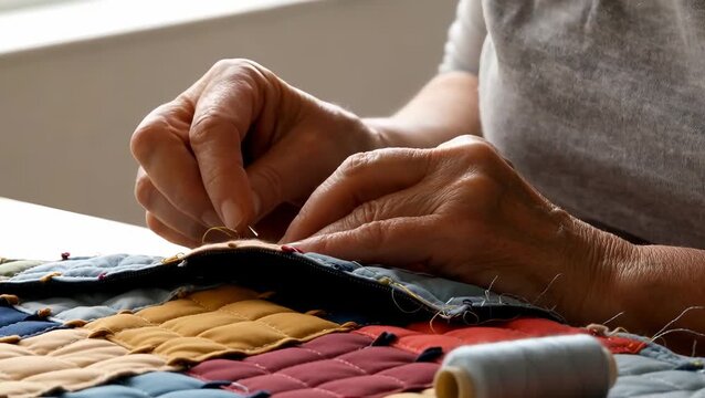 Close-Up of a Female Adult Sewing a Colorful Quilt by Hand
