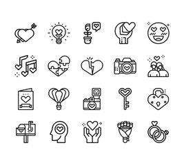 20 set of outline web love icons such as light bulb, music notes, card, mail box, heart vector thin icons for report, presentation, diagram, web design, mobile app