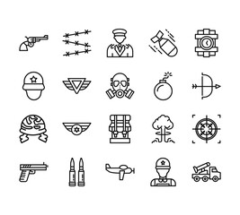 20 set of outline web military icons such as barbed wire, soldier, helmet, gun, airplane vector thin icons for report, presentation, diagram, web design, mobile app