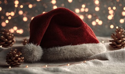 A red hat with a white pom pom sits on a table with pine cones