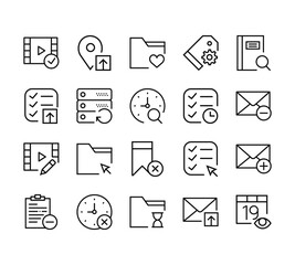 20 set of outline web interaction set icons such as placeholder, list, video player, notepad, folder vector thin icons for report, presentation, diagram, web design, mobile app