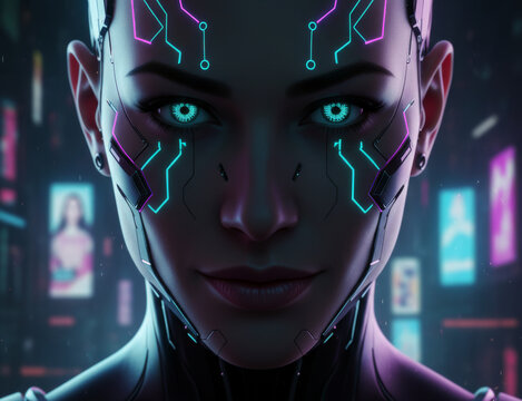 Neon Cyberpunk Portrait. A moody street portrait of a person with neon-lit makeup or tattoos, wearing futuristic glasses or headgear