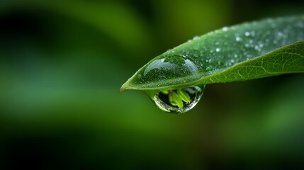Close-up of a water droplet resting on a green leaf in a tranquil setting during early morning light