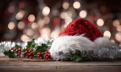 A red and white Santa hat is sitting on a table with a bunch of red berries