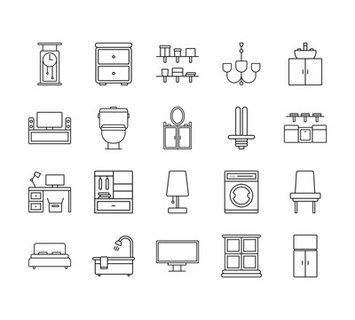 20 set of outline web furniture icons such as cabinet, home theater, desk, double bed, television vector thin icons for report, presentation, diagram, web design, mobile app