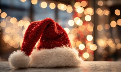 A red hat with a white pom pom sits on a table