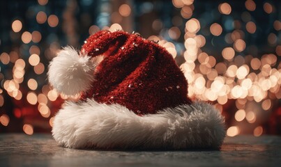 A red and white santa hat with a white pom pom sits on a table