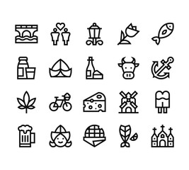 20 set of outline web holland icons such as same sex marriage, diary product, marijuana, beer, stroopwafel vector thin icons for report, presentation, diagram, web design, mobile app