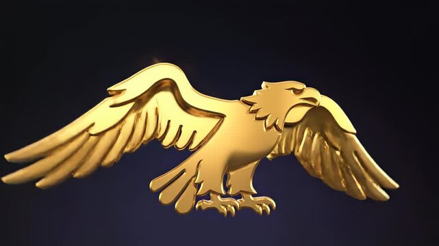 Golden eagle sculpture gracefully soaring through the air, showcasing intricate feather details and a dynamic pose, camera pans smoothly to reveal its majestic form