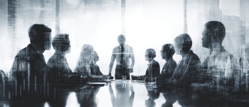 Dynamic team collaboration for digital success in a modern office setting. Movie artwork. Motivated businessman leads dynamic meeting with team in a diverse office. Cinema artwork.