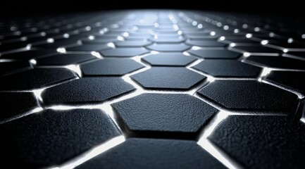 Obraz premium Close up of a black hexagonal tile floor with a light shining on it. The tiles are all the same size and shape