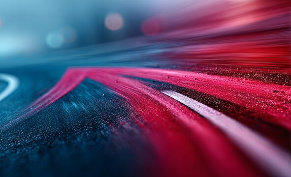 Blurry image of a road with a red arrow pointing to the right. The road appears to be wet