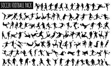 Soccer Football Pack: A dynamic collection of soccer players, rendered in silhouette form, showcases a variety of actions. This pack captures the essence of the game. Perfect for Soccer Themed Designs