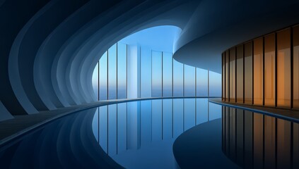 Large room with a pool and a window. The room is very large and has a lot of windows