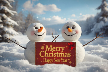 Two cheerful snowmen standing in winter christmas landscape.