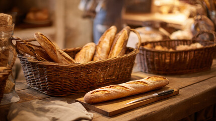 Fresh baked baguettes in rustic bakery setting