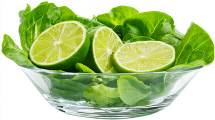 Fresh green salad with lime halves in glass bowl
