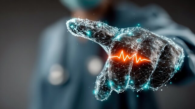 A medical professional's hand, depicted as a digital wireframe, displays a vibrant electrocardiogram pulse, symbolizing healthcare technology.