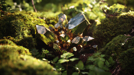 Golden crystals growing among green forest moss