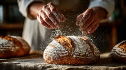 Artisan baker preparing loaves of bread with flour in a rustic kitchen during golden hour