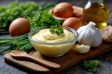 A glass bowl of mayonnaise on a wooden board with eggs garlic oil and greens surrounding it