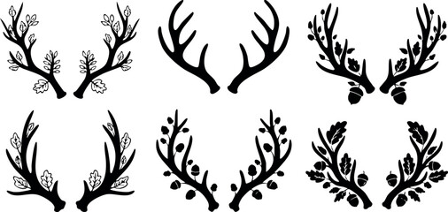 Set of black silhouette deer antlers with seasonal and botanical elements vector illustration 