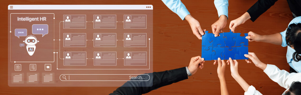 A team engages in a collaborative effort to strategize human resources solutions using digital tools. The image illustrates the fusion of technology and teamwork in HR management. Trope - Powered by Adobe