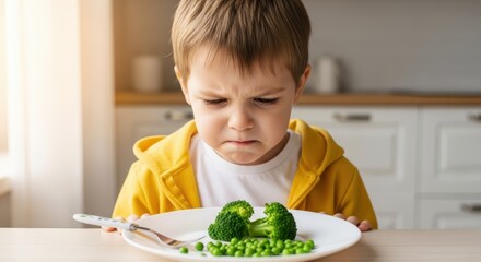 A young boy in a yellow hoodie looking at a plate of broccoli and peas with a displeased expression