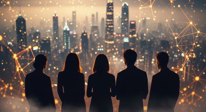 A group of people looking at a cityscape with a digital network overlay in the foreground at dusk time