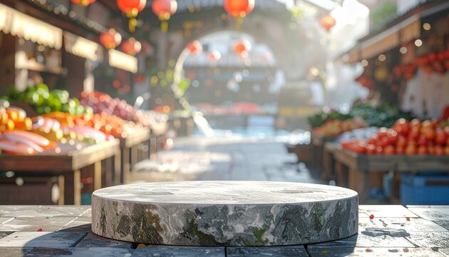 Vibrant Asian market stone platform foreground