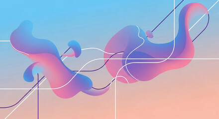 Abstract fluid wave background with pastel gradient colors and minimalist geometric lines, modern digital art illustration