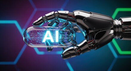 Robotic arm holding ai capsule with glowing letters against geometric background in vibrant colors
