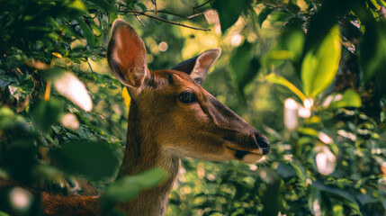 Deer hiding in green forest foliage looking around