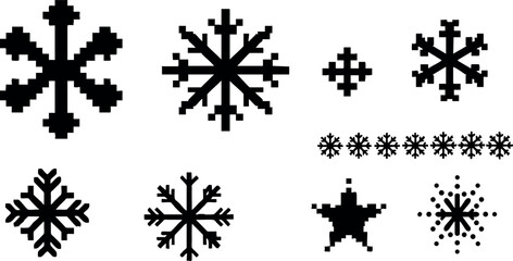 Pixel art black snowflakes and winter symbols vector illustration design set 