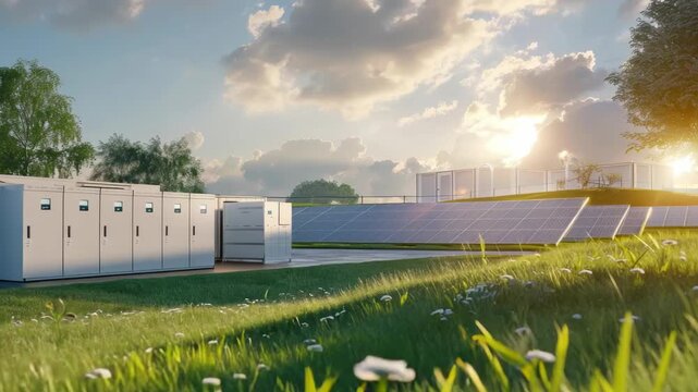 Solar panels and battery storage units in green field during sunset Sustainable energy technology