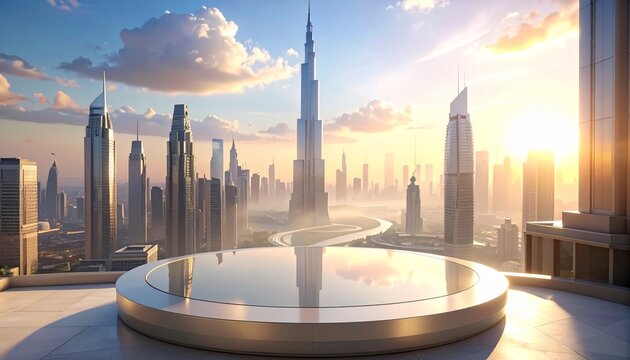 Dubais futuristic vista from a rooftop platform - Powered by Adobe