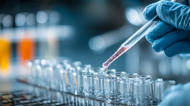 Lab technician conducts an experiment by adding pink solution to test tubes in a laboratory setting with vibrant colored liquids